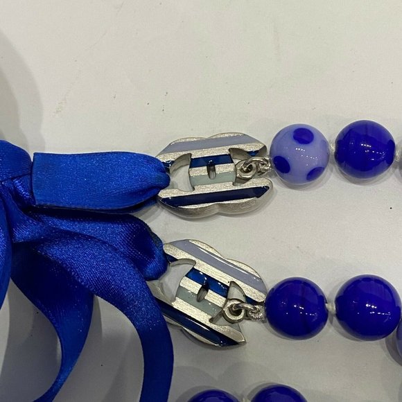 Chanel 05P Spotted Glass Bead Long Silk Ribbon Blue Necklace Logo - Picture 8 of 10